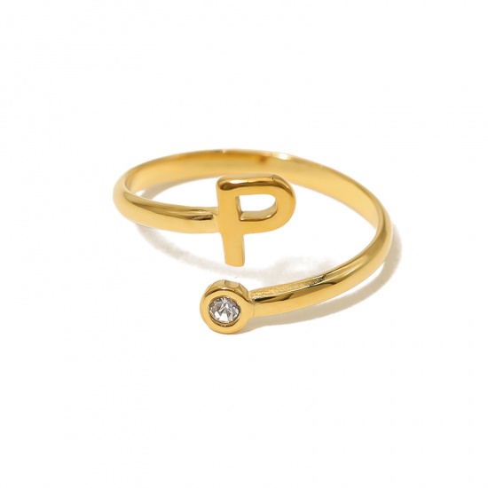 Picture of 1 Piece Eco-friendly Vacuum Plating Simple & Casual Stylish 18K Real Gold Plated 304 Stainless Steel & Rhinestone Open Adjustable Capital Alphabet/ Letter Message " P " Rings For Women Birthday 18mm(US Size 7.75)