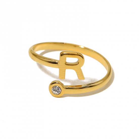 Picture of 1 Piece Eco-friendly Vacuum Plating Simple & Casual Stylish 18K Real Gold Plated 304 Stainless Steel & Rhinestone Open Adjustable Capital Alphabet/ Letter Message " R " Rings For Women Birthday 18mm(US Size 7.75)