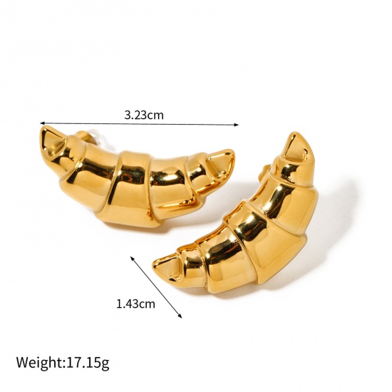 Picture of 1 Pair Eco-friendly Vacuum Plating Simple & Casual Stylish 18K Real Gold Plated 304 Stainless Steel Horn-shaped Ear Post Stud Earrings For Women Party 3.3cm x 1.5cm