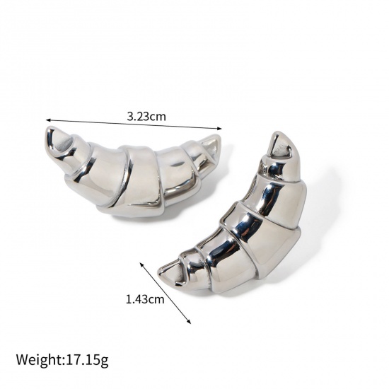 Picture of 1 Pair Eco-friendly Vacuum Plating Simple & Casual Stylish Real Platinum Plated 304 Stainless Steel Horn-shaped Ear Post Stud Earrings For Women Party 3.3cm x 1.5cm