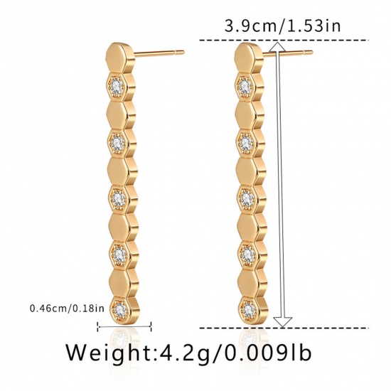 Picture of 1 Pair Eco-friendly Vacuum Plating Ins Style Stylish 18K Real Gold Plated Brass & Cubic Zirconia Strip Earrings For Women Party 3.9cm x 0.5cm