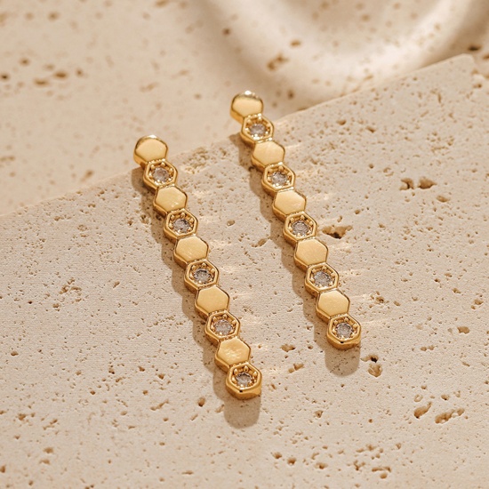 Bild von 1 Paar Umweltfreundliche Vakuumbeschichtung Ins Stil Stilvoll 18K Echtgold plattiert Messing & Kubisch Zirkonia Streifen Ohrring Für Frauen Party 3,9cm x 0,5cm