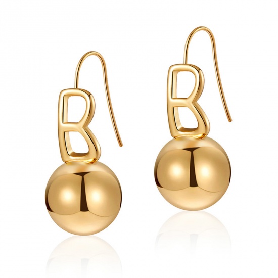 Picture of 1 Pair Eco-friendly Vacuum Plating Simple & Casual Stylish 18K Real Gold Plated Brass Pea Initial Alphabet/ Capital Letter Message " B " Earrings For Women Mother's Day 3.5cm x 1.6cm