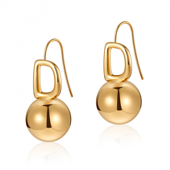 Picture of 1 Pair Eco-friendly Vacuum Plating Simple & Casual Stylish 18K Real Gold Plated Brass Pea Initial Alphabet/ Capital Letter Message " E " Earrings For Women Mother's Day 3.5cm x 1.6cm