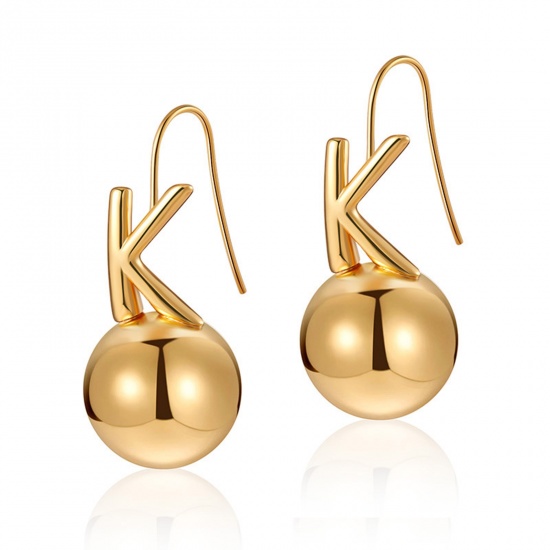 Picture of 1 Pair Eco-friendly Vacuum Plating Simple & Casual Stylish 18K Real Gold Plated Brass Pea Initial Alphabet/ Capital Letter Message " K " Earrings For Women Mother's Day 3.5cm x 1.6cm