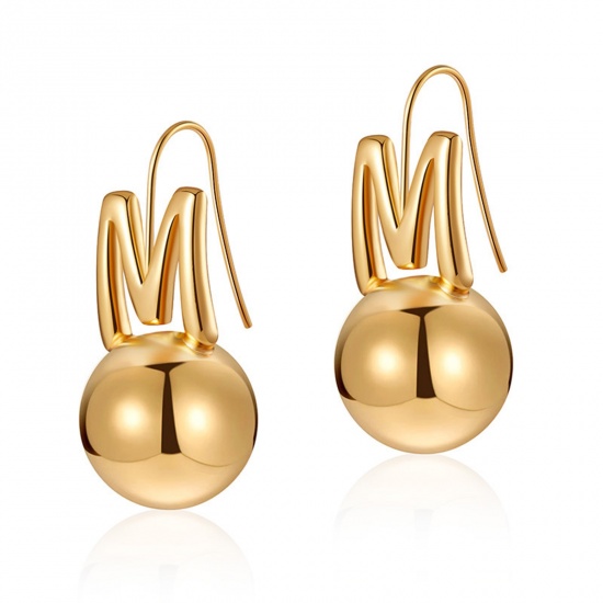 Picture of 1 Pair Eco-friendly Vacuum Plating Simple & Casual Stylish 18K Real Gold Plated Brass Pea Initial Alphabet/ Capital Letter Message " M " Earrings For Women Mother's Day 3.5cm x 1.6cm