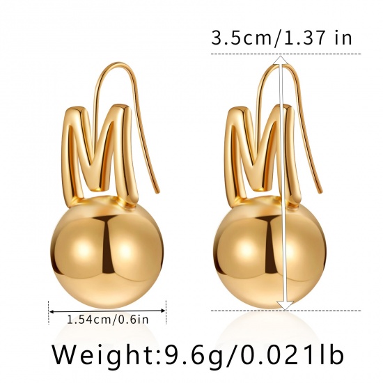 Picture of 1 Pair Eco-friendly Vacuum Plating Simple & Casual Stylish 18K Real Gold Plated Brass Pea Initial Alphabet/ Capital Letter Message " M " Earrings For Women Mother's Day 3.5cm x 1.6cm