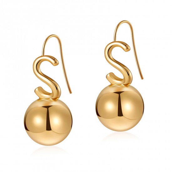 Picture of 1 Pair Eco-friendly Vacuum Plating Simple & Casual Stylish 18K Real Gold Plated Brass Pea Initial Alphabet/ Capital Letter Message " S " Earrings For Women Mother's Day 3.5cm x 1.6cm