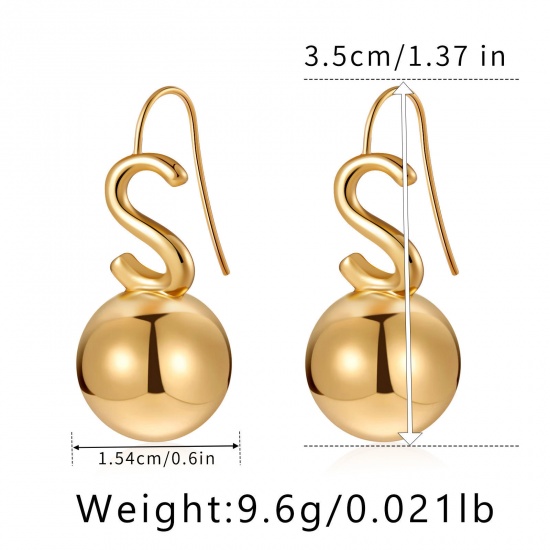 Picture of 1 Pair Eco-friendly Vacuum Plating Simple & Casual Stylish 18K Real Gold Plated Brass Pea Initial Alphabet/ Capital Letter Message " S " Earrings For Women Mother's Day 3.5cm x 1.6cm