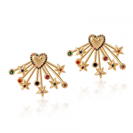 1 Paire Placage Sous Vide Écologique À la Mode Boucles d'Oreilles Puces Galaxie en Laiton & Zirconia Cubique Cœur Etoile Plaqué Or Véritable 18K Fête Pour Femmes 3.5cm x 2.6cm