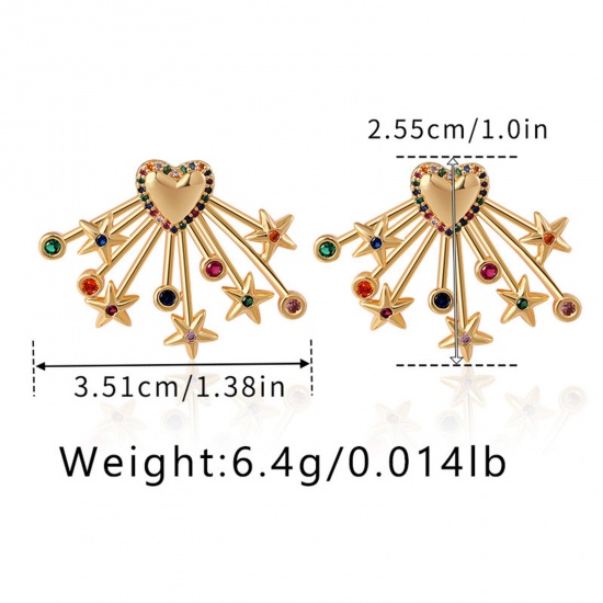 Picture of 1 Pair Eco-friendly Vacuum Plating Stylish Galaxy 18K Real Gold Plated Copper & Cubic Zirconia Heart Star Ear Post Stud Earrings For Women Party 3.5cm x 2.6cm