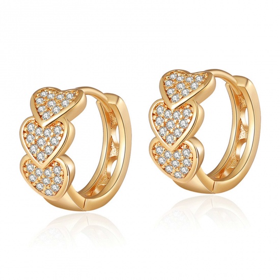 Picture of 1 Pair Hypoallergenic Exquisite Ins Style 18K Real Gold Plated Brass & Cubic Zirconia Circle Ring Heart Hoop Earrings For Women Party 1.4cm x 1.3cm