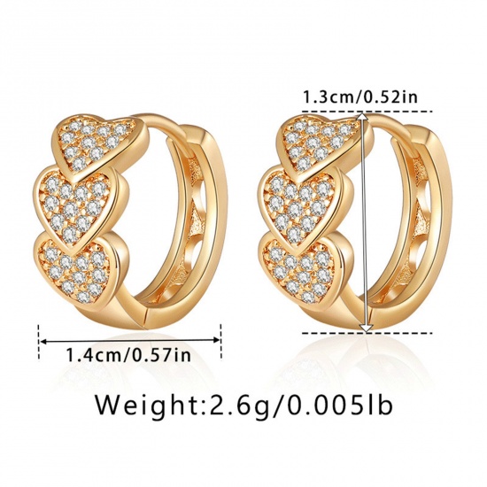 Picture of 1 Pair Hypoallergenic Exquisite Ins Style 18K Real Gold Plated Brass & Cubic Zirconia Circle Ring Heart Hoop Earrings For Women Party 1.4cm x 1.3cm