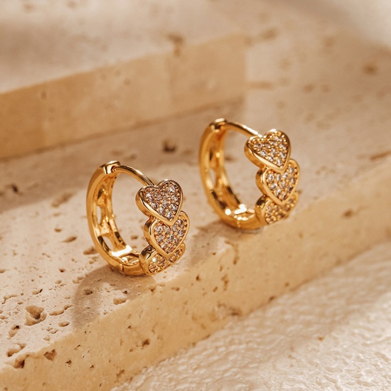 Picture of 1 Pair Hypoallergenic Exquisite Ins Style 18K Real Gold Plated Brass & Cubic Zirconia Circle Ring Heart Hoop Earrings For Women Party 1.4cm x 1.3cm