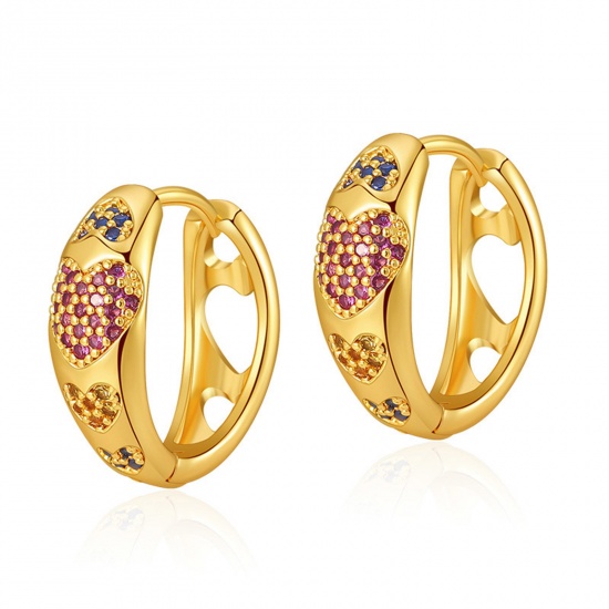 Immagine di 1 Paio Ipoallergenico Dolce & Carino Stile Ins 18K Oro riempito Ottone & Zircone Cubico Anello Cuore Orecchini Circolari Per Donne Festa 19mm Dia.