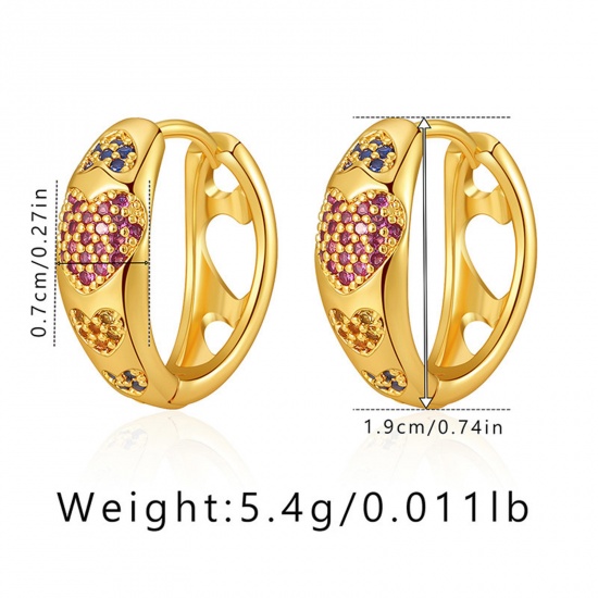 Picture of 1 Pair Hypoallergenic Sweet & Cute Ins Style 18K Real Gold Plated Brass & Cubic Zirconia Circle Ring Heart Hoop Earrings For Women Party 19mm Dia.