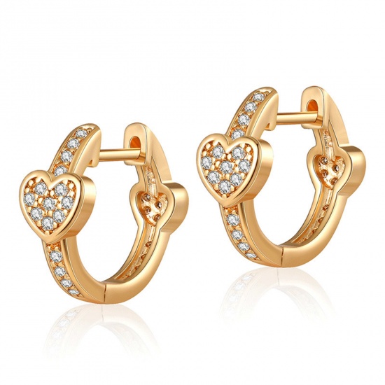 Picture of 1 Pair Hypoallergenic Exquisite Ins Style 18K Real Gold Plated Copper & Cubic Zirconia Circle Ring Heart Hoop Earrings For Women Party 1.6cm x 1.3cm