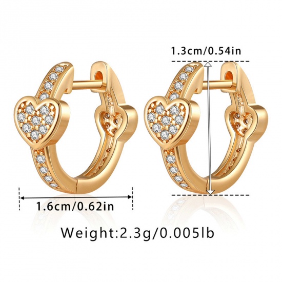 Picture of 1 Pair Hypoallergenic Exquisite Ins Style 18K Real Gold Plated Brass & Cubic Zirconia Circle Ring Heart Hoop Earrings For Women Party 1.6cm x 1.3cm