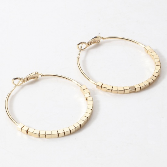 Picture of 2 PCs Eco-friendly Vacuum Plating Stylish Geometric 18K Real Gold Plated Copper Square Beaded Hoop Earrings For Women Party 40mm x 40mm