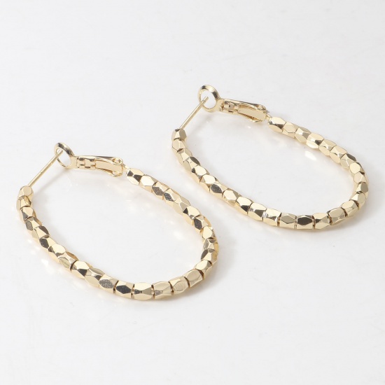 Picture of 2 PCs Eco-friendly Vacuum Plating Stylish Geometric 18K Real Gold Plated Copper Square Beaded Hoop Earrings For Women Party 43mm x 27mm