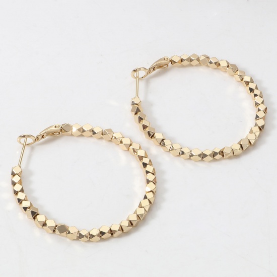 Picture of 2 PCs Eco-friendly Vacuum Plating Stylish Geometric 18K Real Gold Plated Copper Square Beaded Hoop Earrings For Women Party 45mm x 42mm