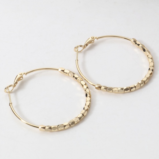 Picture of 2 PCs Eco-friendly Vacuum Plating Stylish Geometric 18K Real Gold Plated Brass Square Beaded Hoop Earrings For Women Party 43mm x 41mm