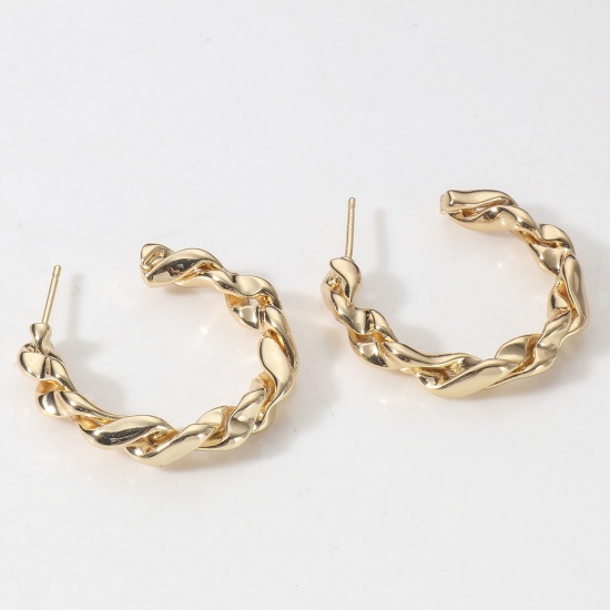 Picture of 2 PCs Eco-friendly Vacuum Plating Stylish Simple 18K Real Gold Plated Copper Braided Hoop Earrings For Women Party 30mm x 30mm