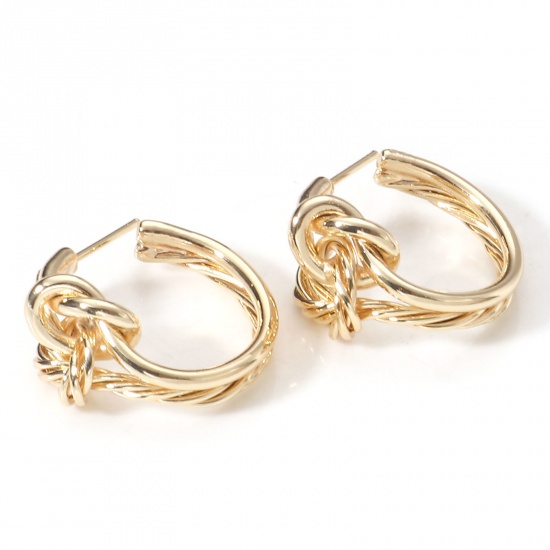 Picture of 2 PCs Eco-friendly Vacuum Plating Stylish Retro 18K Real Gold Plated Copper Knot Hoop Earrings For Women Party 23mm x 21mm