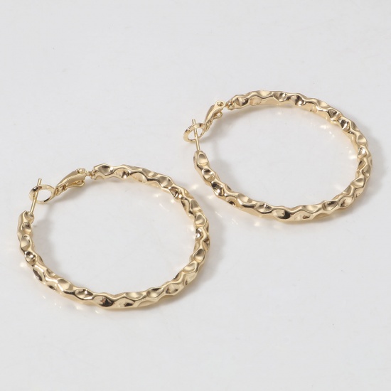Picture of 2 PCs Eco-friendly Vacuum Plating Stylish Hammered 18K Real Gold Plated Copper Braided Hoop Earrings For Women Party 40mm x 40mm