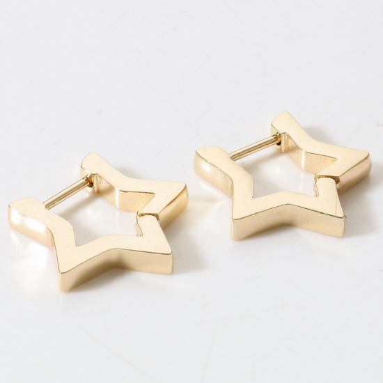 Picture of 2 PCs Eco-friendly Vacuum Plating Stylish Geometric 18K Real Gold Plated Brass Pentagram Star Hoop Earrings Unisex Party 19mm x 17mm