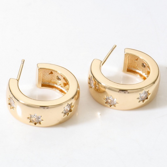 Picture of 2 PCs Eco-friendly Vacuum Plating Stylish Geometric 18K Real Gold Plated Brass & Cubic Zirconia C Shape Star Hoop Earrings For Women Party 20mm x 20mm