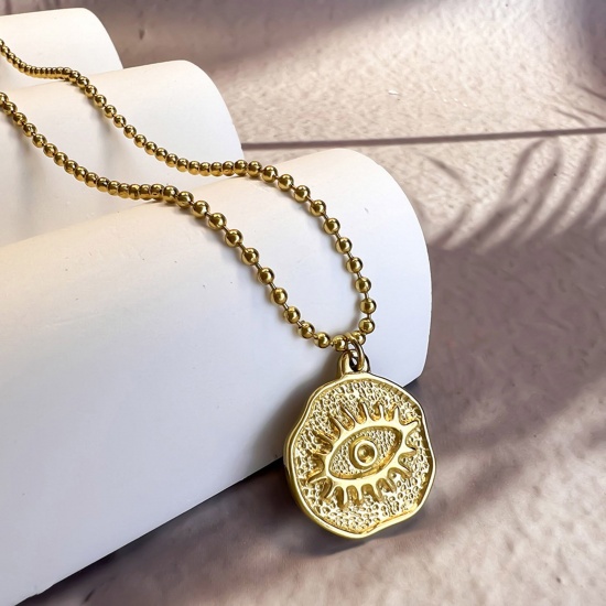 Picture of 1 Piece Eco-friendly Stylish Religious 18K Gold Color 304 Stainless Steel Ball Chain Coin Evil Eye Pendant Necklace Unisex Party 40cm(15 6/8") long