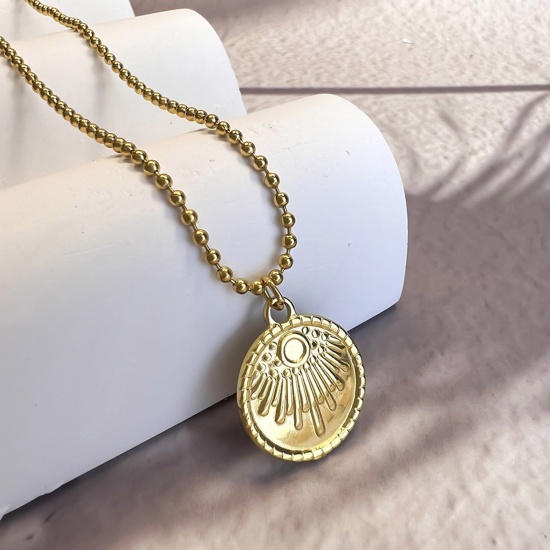 Picture of 1 Piece Eco-friendly Stylish Retro 18K Gold Color 304 Stainless Steel Ball Chain Coin Sun Pendant Necklace Unisex Party 40cm(15 6/8") long