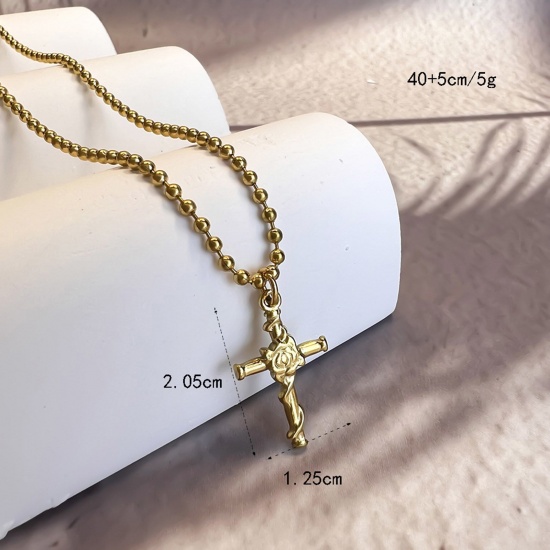 Picture of 1 Piece Eco-friendly Stylish Religious 18K Gold Color 304 Stainless Steel Ball Chain Cross Jesus Pendant Necklace Unisex Party 40cm(15 6/8") long