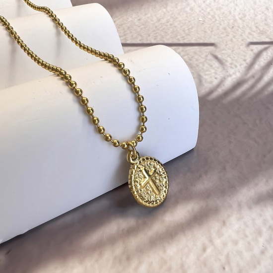 Picture of 1 Piece Eco-friendly Stylish Religious 18K Gold Color 304 Stainless Steel Ball Chain Coin Cross Pendant Necklace Unisex Party 40cm(15 6/8") long