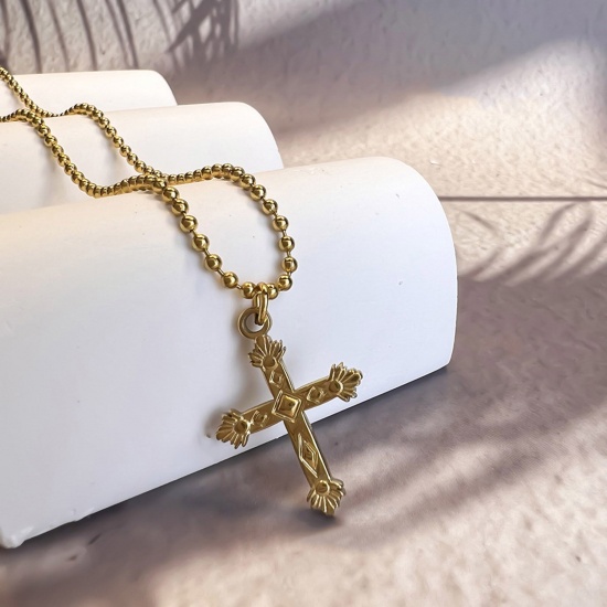 Picture of 1 Piece Eco-friendly Stylish Religious 18K Gold Color 304 Stainless Steel Ball Chain Cross Pendant Necklace Unisex Party 40cm(15 6/8") long