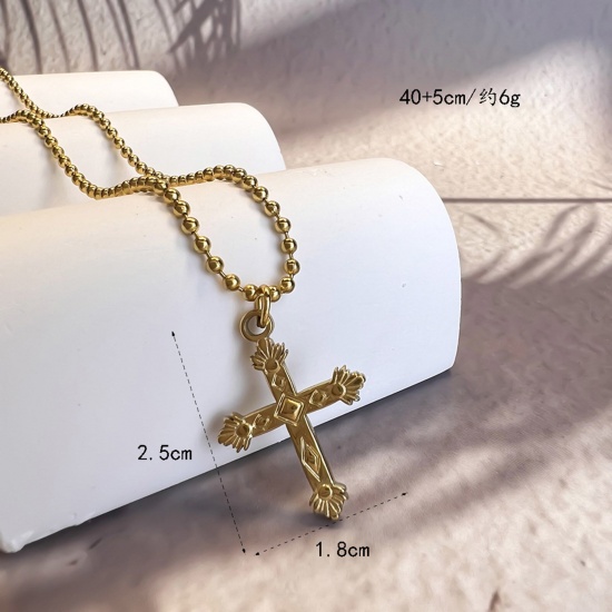 Picture of 1 Piece Eco-friendly Stylish Religious 18K Gold Color 304 Stainless Steel Ball Chain Cross Pendant Necklace Unisex Party 40cm(15 6/8") long