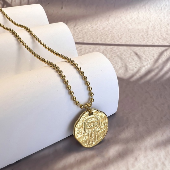 Picture of 1 Piece Eco-friendly Stylish Hammered 18K Gold Color 304 Stainless Steel Ball Chain Coin Hamsa Symbol Hand Pendant Necklace Unisex Party 40cm(15 6/8") long