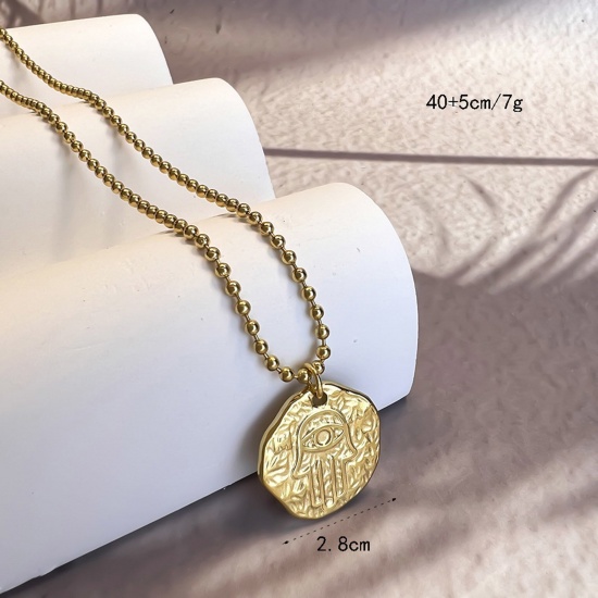 Picture of 1 Piece Eco-friendly Stylish Hammered 18K Gold Color 304 Stainless Steel Ball Chain Coin Hamsa Symbol Hand Pendant Necklace Unisex Party 40cm(15 6/8") long