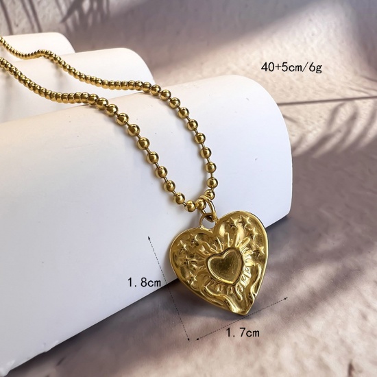 Picture of 1 Piece Eco-friendly Stylish Hammered 18K Gold Color 304 Stainless Steel Ball Chain Heart Pendant Necklace Unisex Party 40cm(15 6/8") long