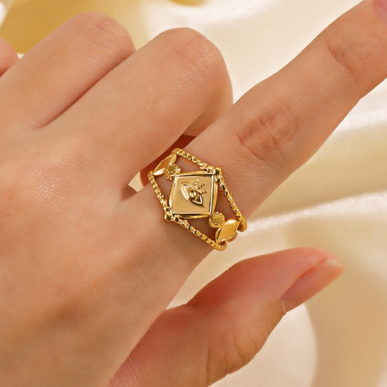 Picture of 1 Piece Eco-friendly Vacuum Plating Exquisite Ins Style 18K Gold Color 304 Stainless Steel Open Adjustable Rhombus Eye Rings For Women Party 17mm(US Size 6.5)