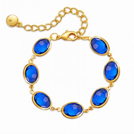 Picture of 1 Piece Eco-friendly Vacuum Plating Exquisite Stylish 18K Real Gold Plated Royal Blue Brass & Glass Oval Bracelets For Women Party 22cm(8 5/8") long