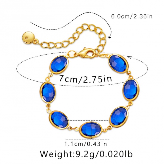 Picture of 1 Piece Eco-friendly Vacuum Plating Exquisite Stylish 18K Real Gold Plated Royal Blue Brass & Glass Oval Bracelets For Women Party 22cm(8 5/8") long