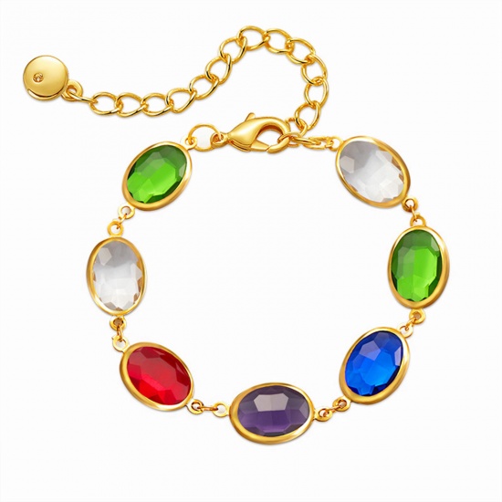 Picture of 1 Piece Eco-friendly Vacuum Plating Exquisite Stylish 18K Real Gold Plated Multicolor Brass & Glass Oval Bracelets For Women Party 22cm(8 5/8") long
