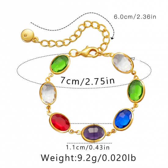 Picture of 1 Piece Eco-friendly Vacuum Plating Exquisite Stylish 18K Real Gold Plated Multicolor Brass & Glass Oval Bracelets For Women Party 22cm(8 5/8") long