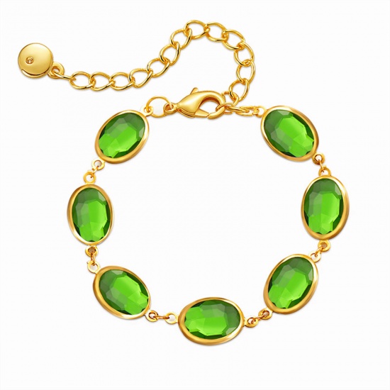 Picture of 1 Piece Eco-friendly Vacuum Plating Exquisite Stylish 18K Real Gold Plated Green Brass & Glass Oval Bracelets For Women Party 22cm(8 5/8") long