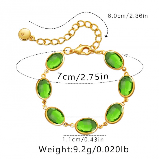 Picture of 1 Piece Eco-friendly Vacuum Plating Exquisite Stylish 18K Real Gold Plated Green Brass & Glass Oval Bracelets For Women Party 22cm(8 5/8") long