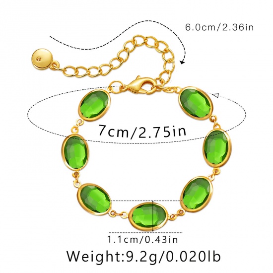 Immagine di 1 Pz Placcatura Sottovuoto Ecologica Squisito Elegante 18K Vero Oro Placcato Verde Ottone + Vetro Ovale Braccialetti Per Donne Festa 22cm Lunghezza
