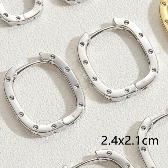 Picture of 1 Pair Eco-friendly Vacuum Plating Stylish Geometric Real Platinum Plated Copper & Cubic Zirconia Rectangle Hoop Earrings For Women Party 2.4cm x 2.1cm