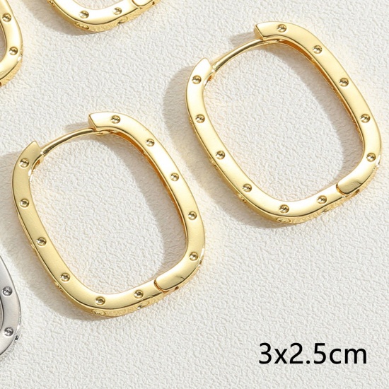 Picture of 1 Pair Eco-friendly Vacuum Plating Stylish Geometric 14K Real Gold Plated Copper & Cubic Zirconia Rectangle Hoop Earrings For Women Party 3cm x 2.5cm